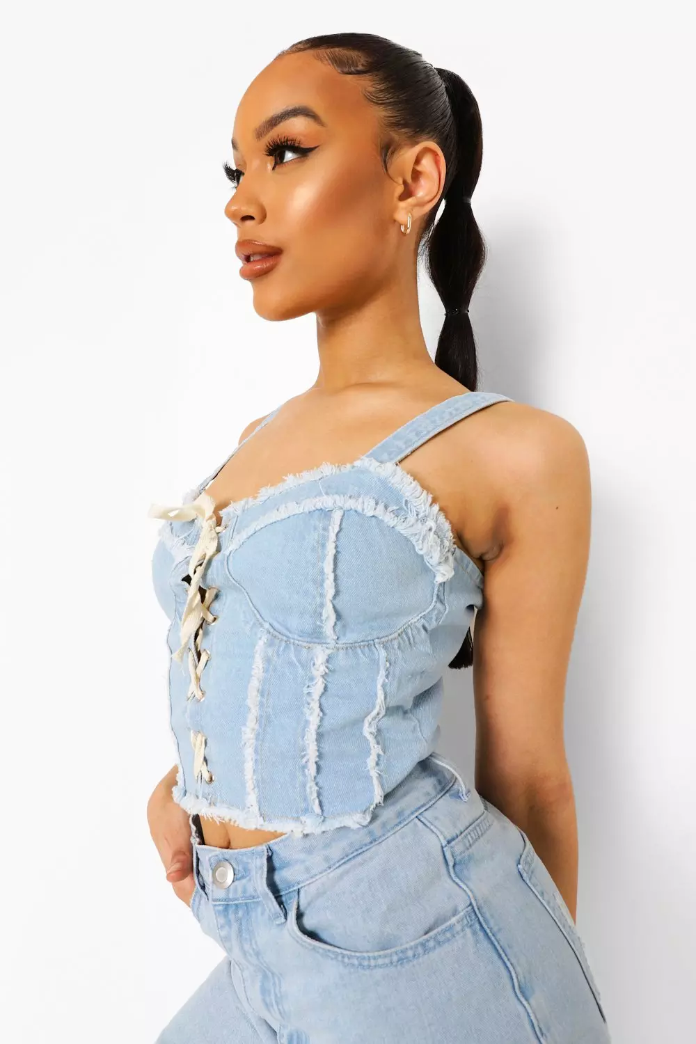 Denim lace up top sale